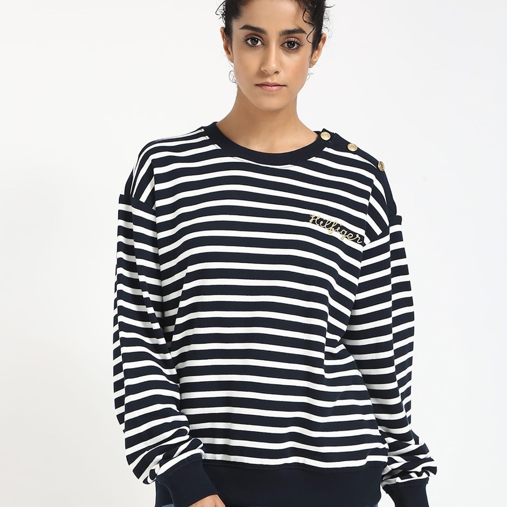 Tommy Hilfiger Navy & White Striped Crew Sweatshirt with Gold Buttons
